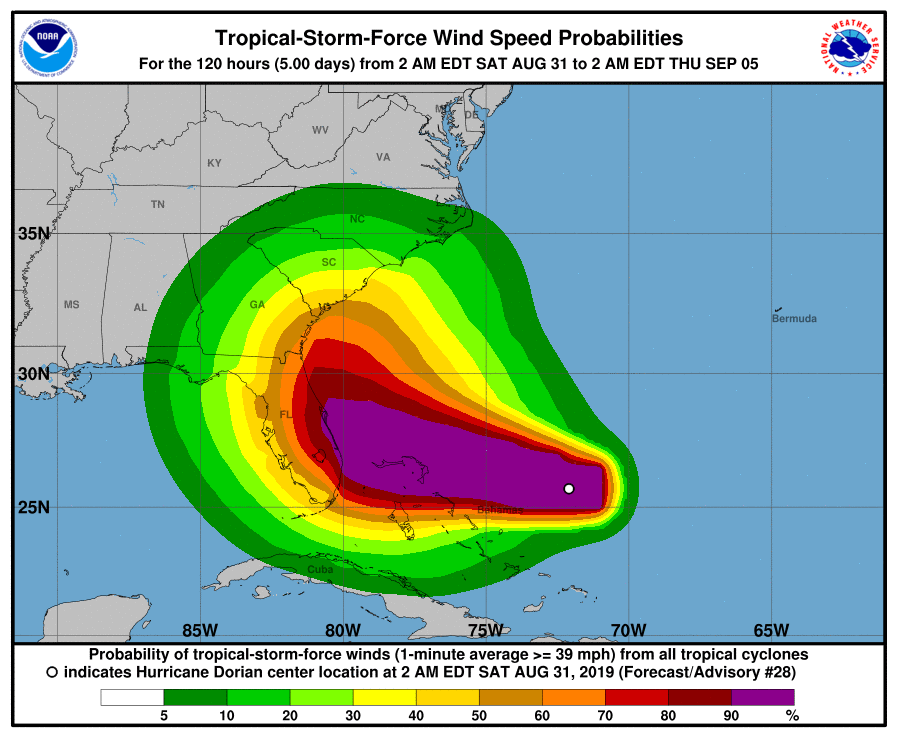 Dorian toma rumbo a las Carolinas, no tocará tierra en Florida. (NOAA)