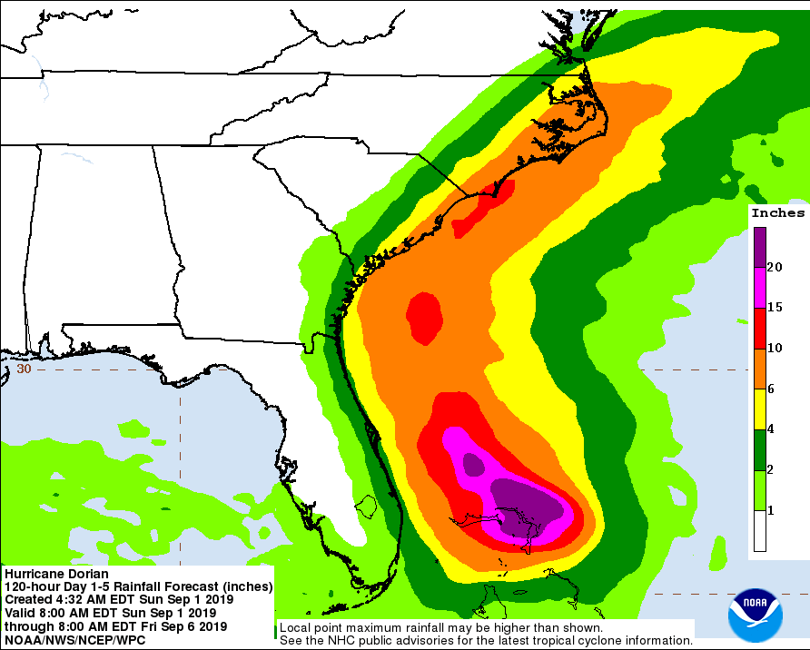 Huracán Dorian es categoría cinco y pasará frente a las costa este de la Florida
