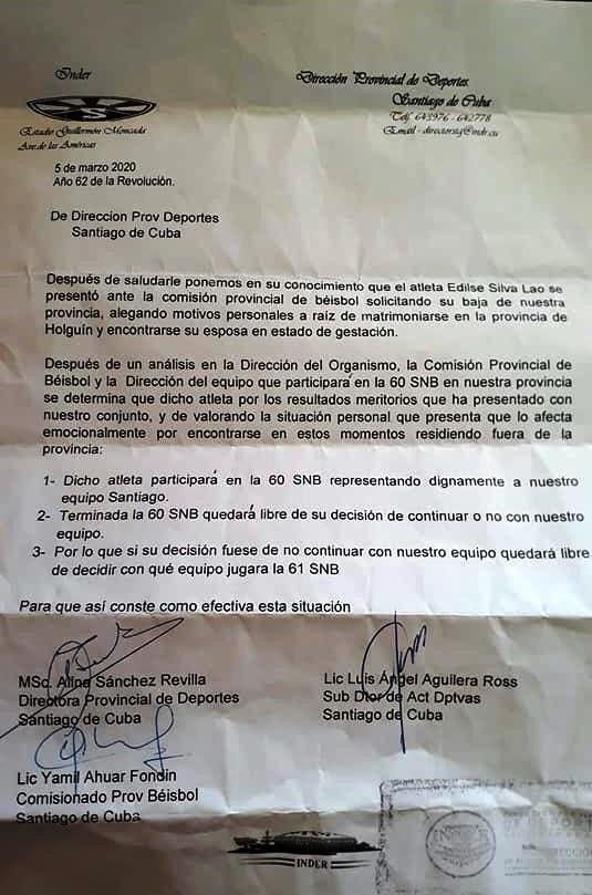 Béisbol cubano El Inder de Santiago de Cuba prohíbe la salida a Edilse Silva. Carta