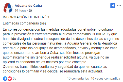Aduana de Cuba emite nota a las personas pendientes de retirar sus cargas