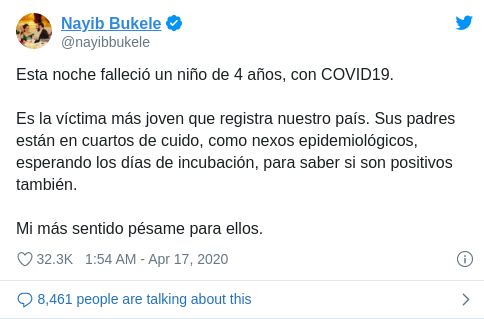 Fallece niño de cuatro años debido a complicaciones del coronavirus en El Salvador (TWITTER NAYIB BUKELE)