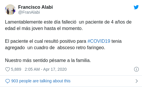Fallece niño de cuatro años debido a complicaciones del coronavirus en El Salvador (TWITTER FRANCISCO ALABI)