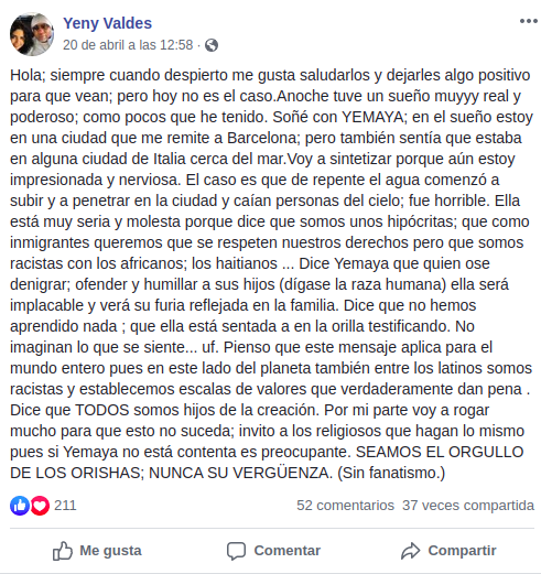 Yeny Valdés relata fuerte experiencia en un sueño con Yemayá: “Aún estoy impresionada y nerviosa” (FACEBOOK YENY VALDÉS)