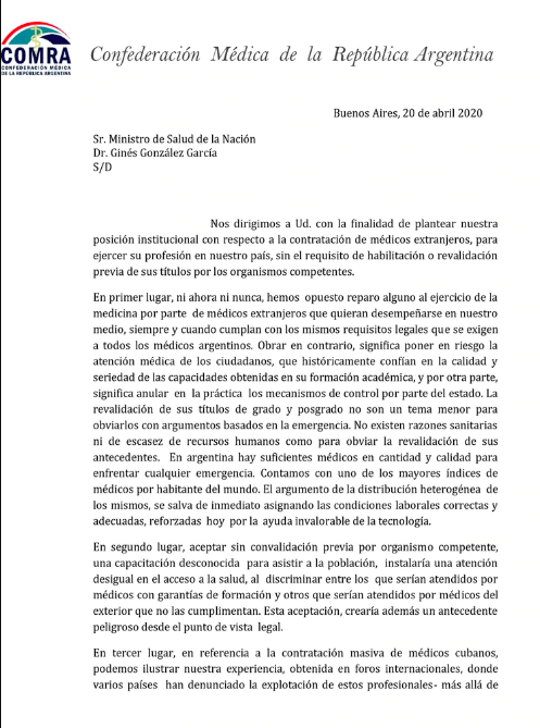 Médicos en Argentina rechazan llegada de brigada cubana: “Los argentinos no merecen semejante descrédito” (INFOBAE)