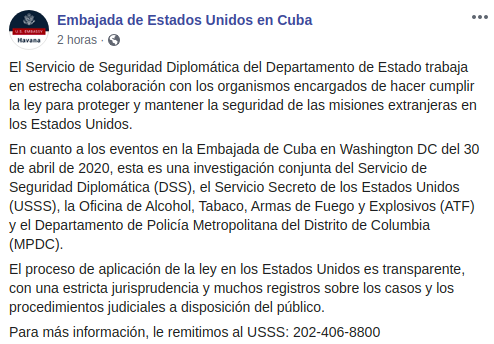 Embajada de EEUU responde a Díaz-Canel sobre tiroteo en la sede diplomática de Cuba en Washington (EMBAJADA DE EEUUEN CUBA FACEBOOK)