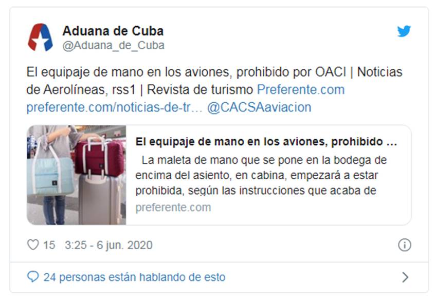 Aduana de Cuba elimina tiut sobre supuesta prohibición de equipaje de mano