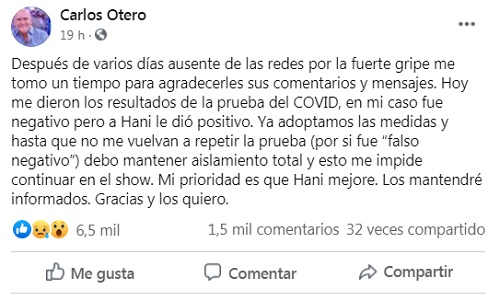 Carlos Otero reveló que Haniset Rodríguez tiene coronavirus