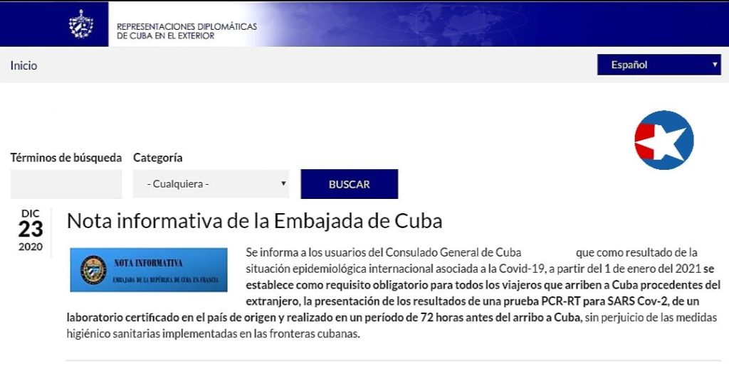 MINREX elimina de su página web confirmación de exigencia PCR negativo para entrar a Cuba