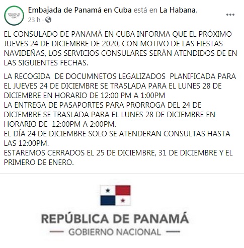 Embajada de Panamá en Cuba reorganiza citas de trámites por Navidad y fin de año