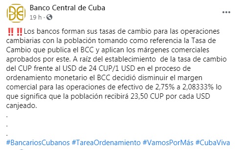 Banco Central de Cuba: “La población recibirá 23,50 CUP por cada USD canjeado”