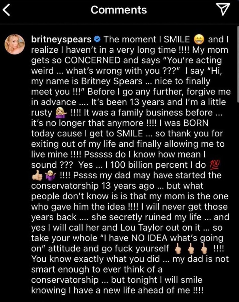 Publicación de Britney Spears contra su madre, que después eliminó. (Instagram)