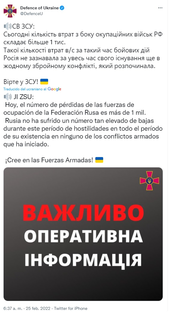 Ucrania asegura haber causado bajas considerables a las fuerzas invasoras rusas