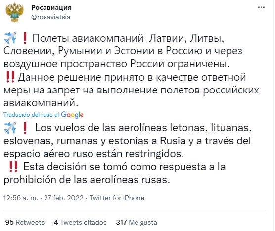 Rusia cierra su espacio aérea a las aerolíneas de casi 40 países