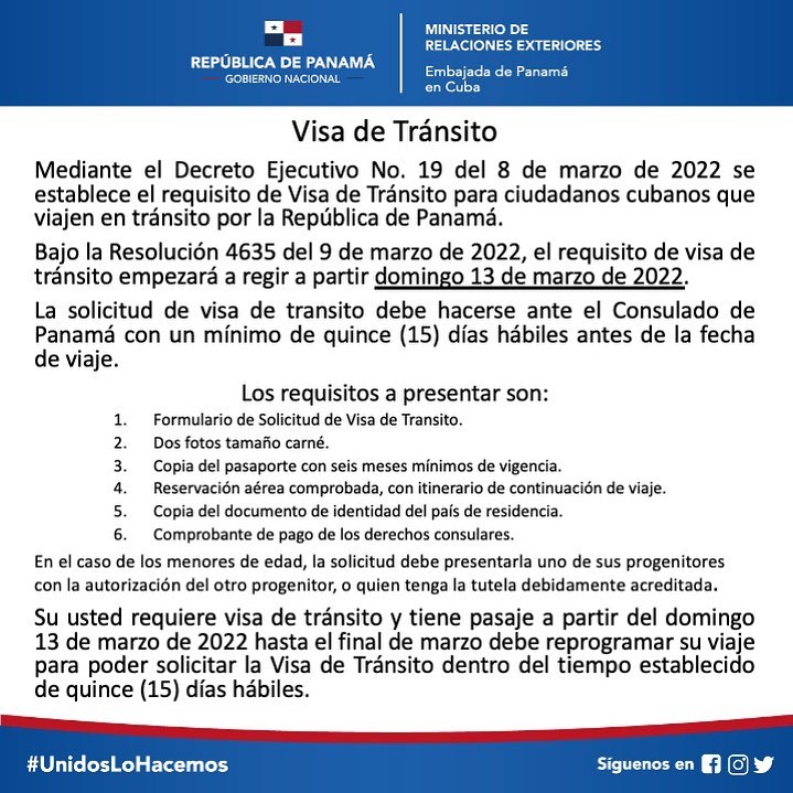 Información oficial de la Embajada de Panamá en Cuba sobre las visas de tránsito