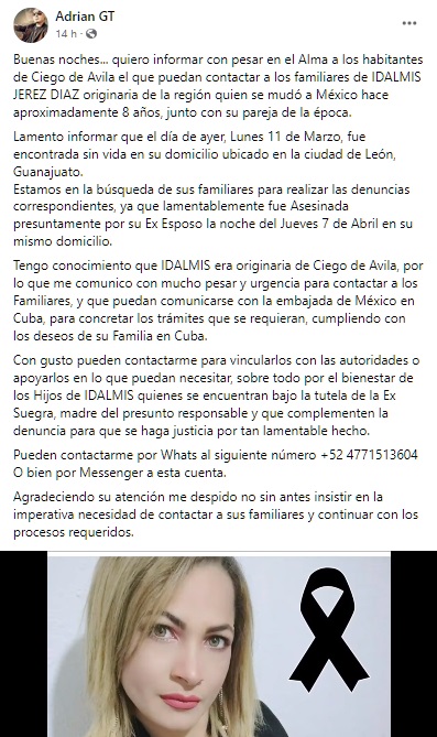 Denuncian el feminicidio de una madre cubana a manos de su expareja en México. (Captura de pantalla: Adrian GT-Facebook)