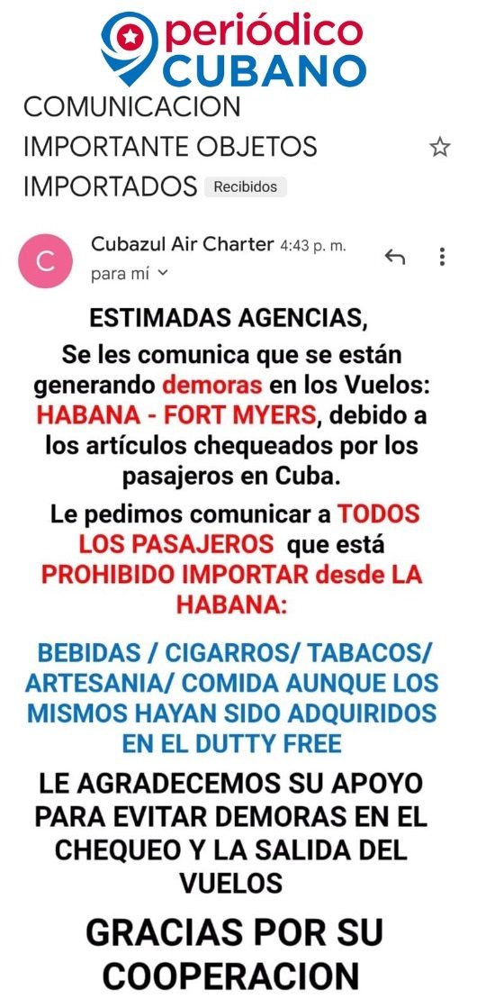 Cubazul Air Chárter recalca que está prohibido importar artículos desde La Habana
