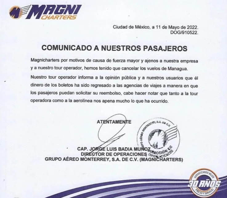 La aerolínea mexicana Magnicharters suspende sus vuelos entre Cuba y Nicaragua