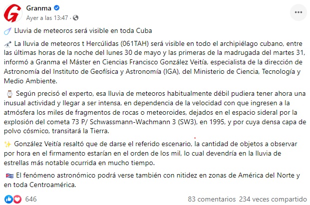 Lluvia de meteoros será visible este lunes en Cuba. (Captura de pantalla: Granma-Facebook)