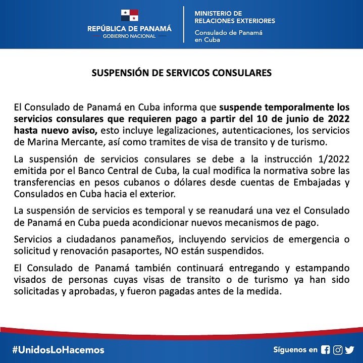 Aviso de la Embajada de Panamá en Cuba