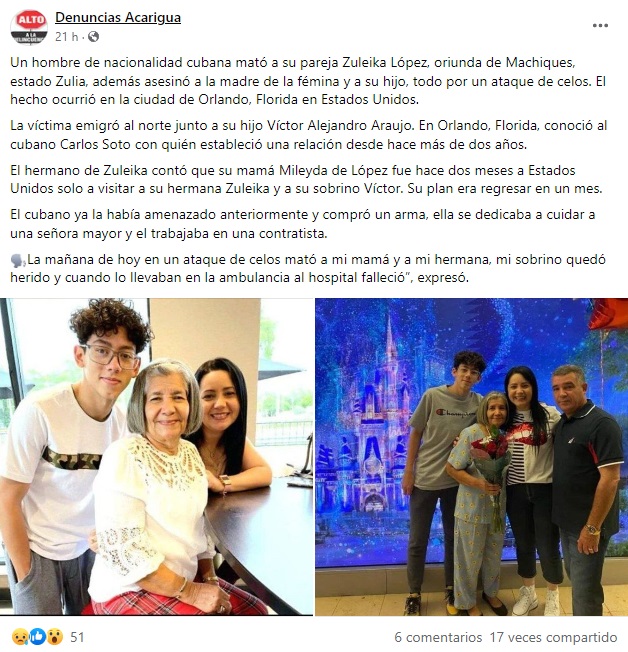 Cubano residente en Florida asesina a su esposa, suegra e hijastro antes de suicidarse. (Foto: Denuncias Acarigua-Facebook)