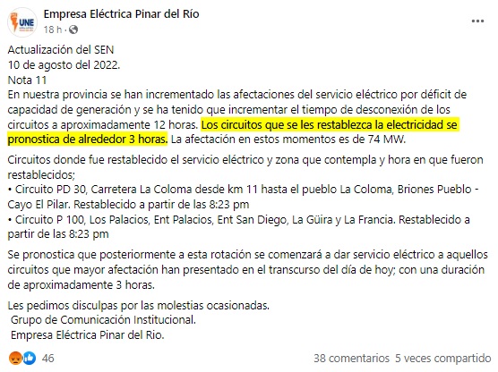Residentes en Pinar del Río solo contarán con tres horas de electricidad al día