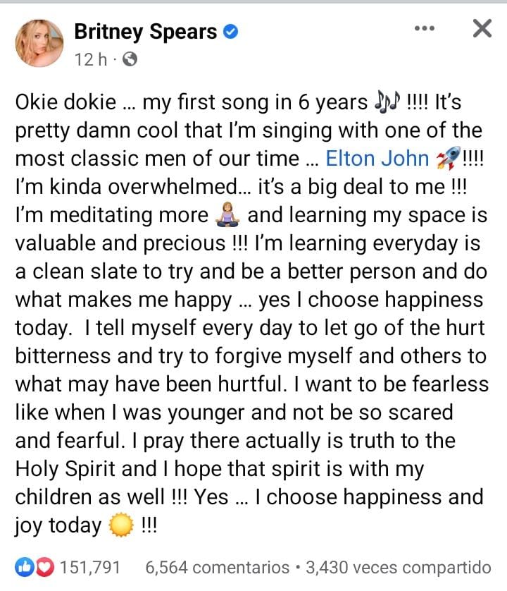 Estado de Britney. (Britney Spears- Facebook)