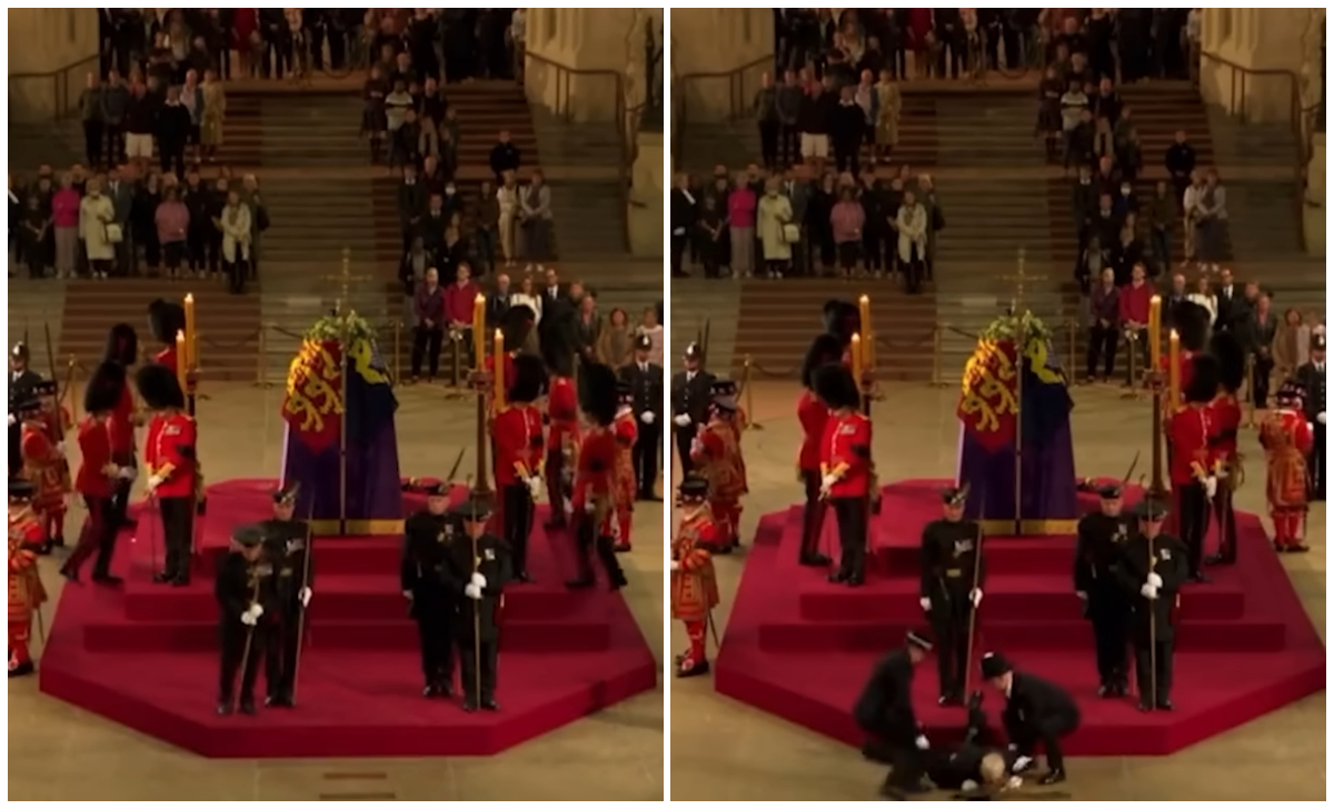 Momento en el que un guardia real se desmayó mientras custodiaba el ataúd de la reina Isabel II