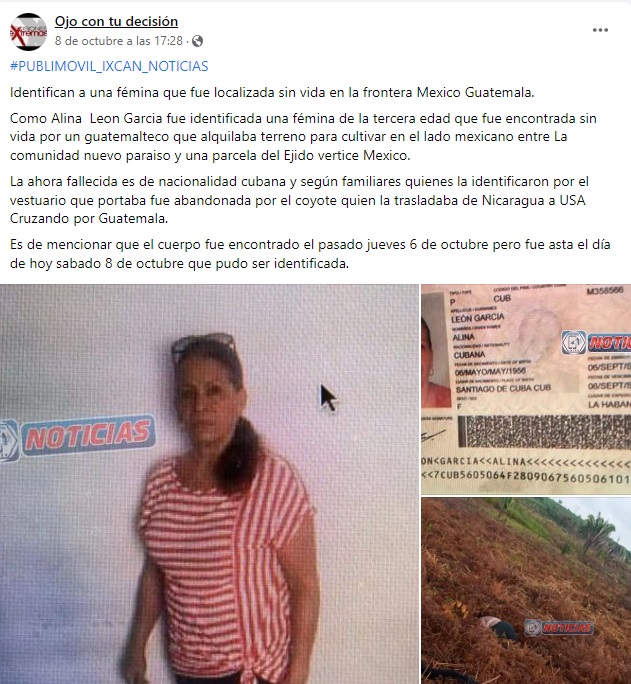 Migrante cubana fue encontrada sin vida en Chiapas