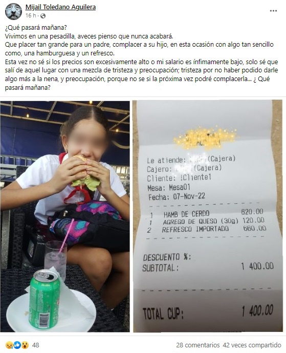 ¿Qué pasará mañana?: padre cubano preocupado tras pagar 1.400 CUP por una hamburguesa en La Habana. (Captura de pantalla: Mijail Toledano Aguilera-Facebook)