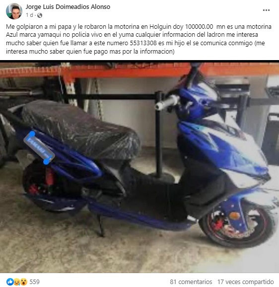 Cubano denuncia el robo violento de una motorina en Holguín.