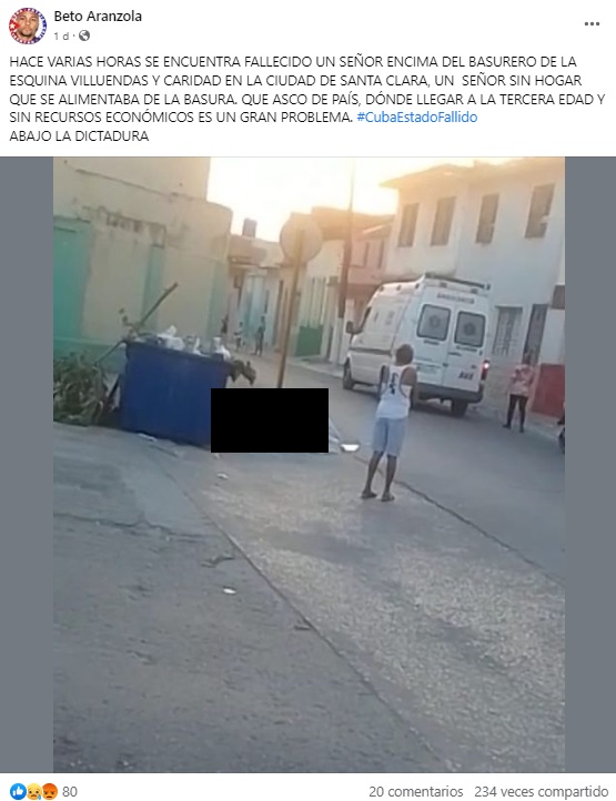 Villa Clara indigente cubano fallece y pasa horas en un basurero antes de ser recogido
