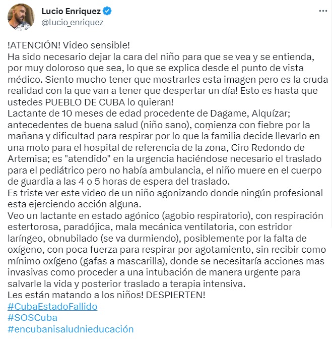 Denuncian la muerte de un bebé de 10 meses por falta de ambulancia en Artemisa