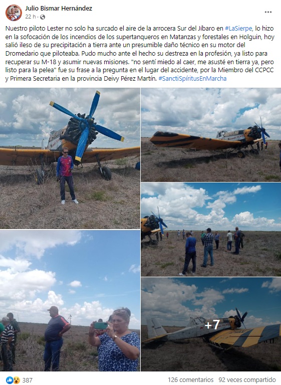 Registran un accidente aéreo en la provincia de Sancti Spíritus. (Captura de pantalla: Julio Bismar Hernández-Facebook)