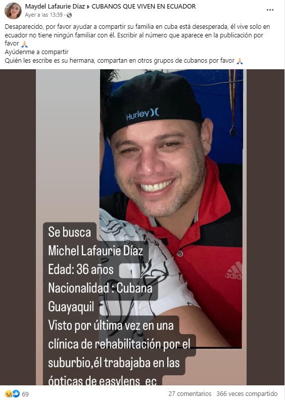 Familia desesperada pide ayuda para localizar a un cubano desaparecido en Ecuador