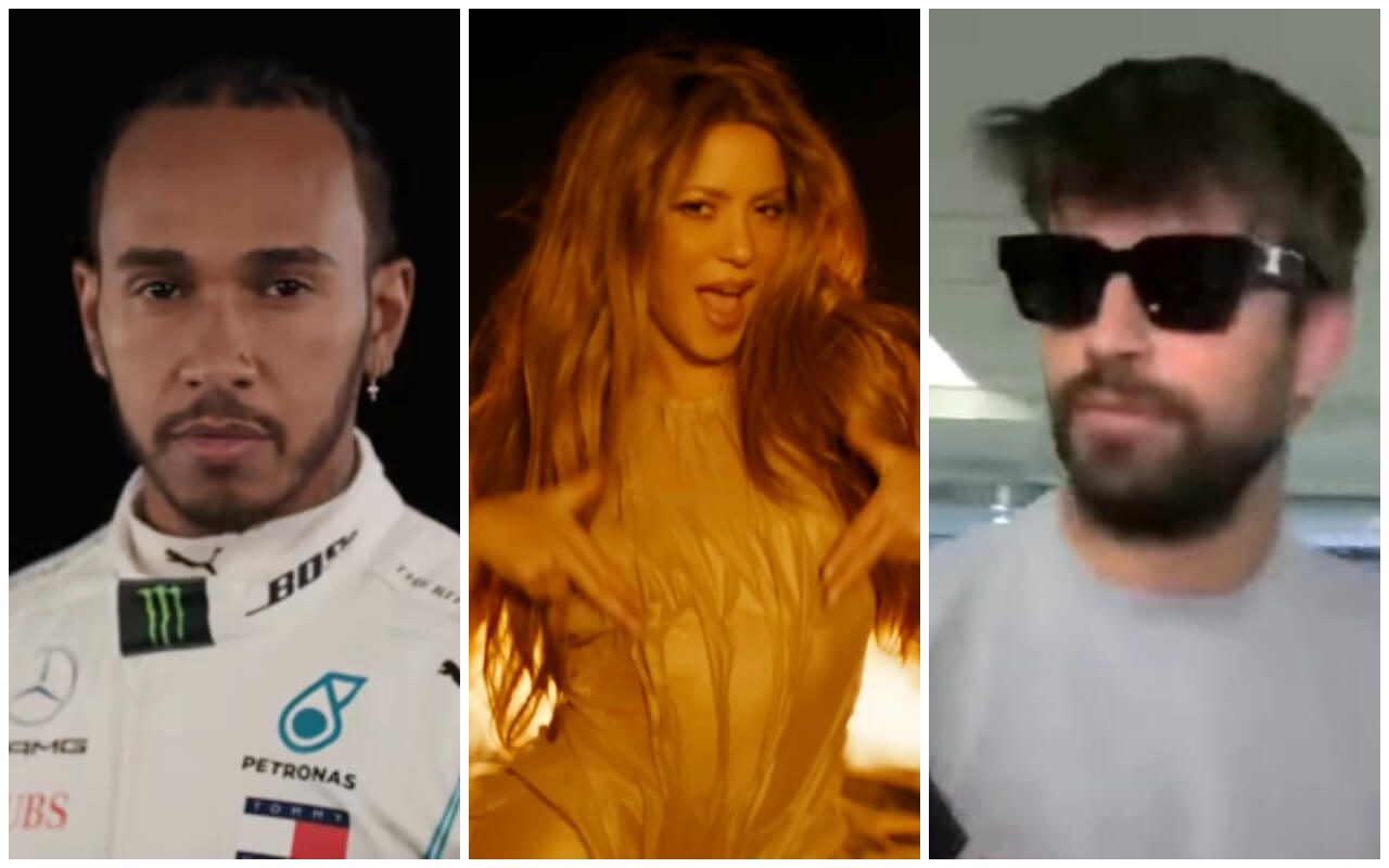Lewis Hamilton, Shakira, y Piqué. (Captura de pantalla YouTube: Fórmula 1/ Karol G/ Al Rojo Vivo)
