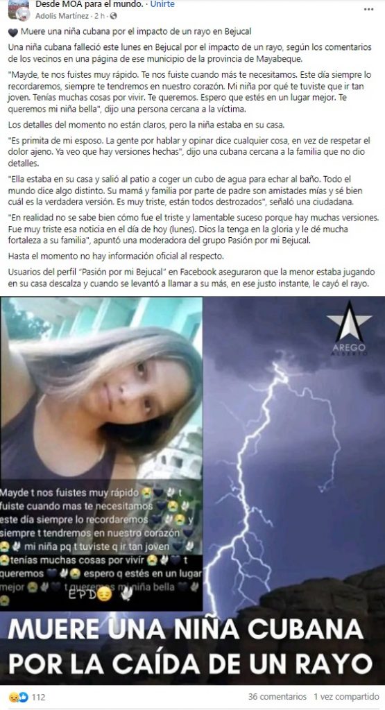Niña muere tras ser impactada por un rayo en Mayabeque