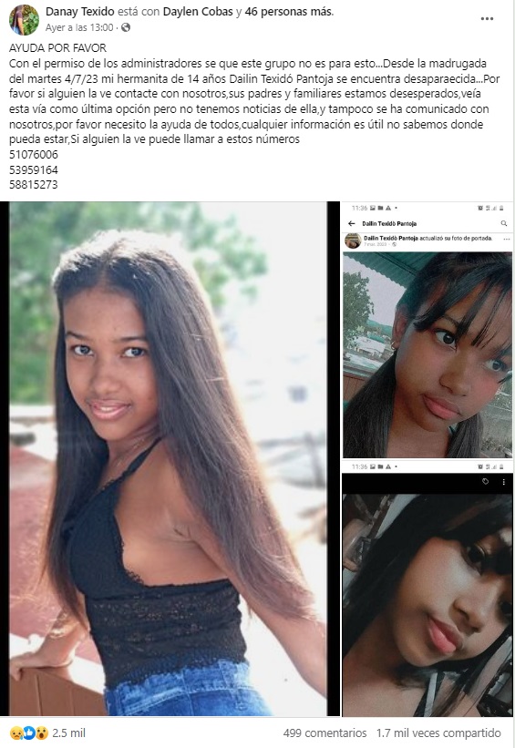 Piden ayuda en redes para localizar a una adolescente desaparecida en Santiago de Cuba. (Captura de pantalla: Danay Texido-Facebook)