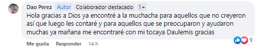Al final del día, la usuaria aseguró haberse puesto en contacto con esta persona. (Captura de pantalla: Dao Perez-Facebook)