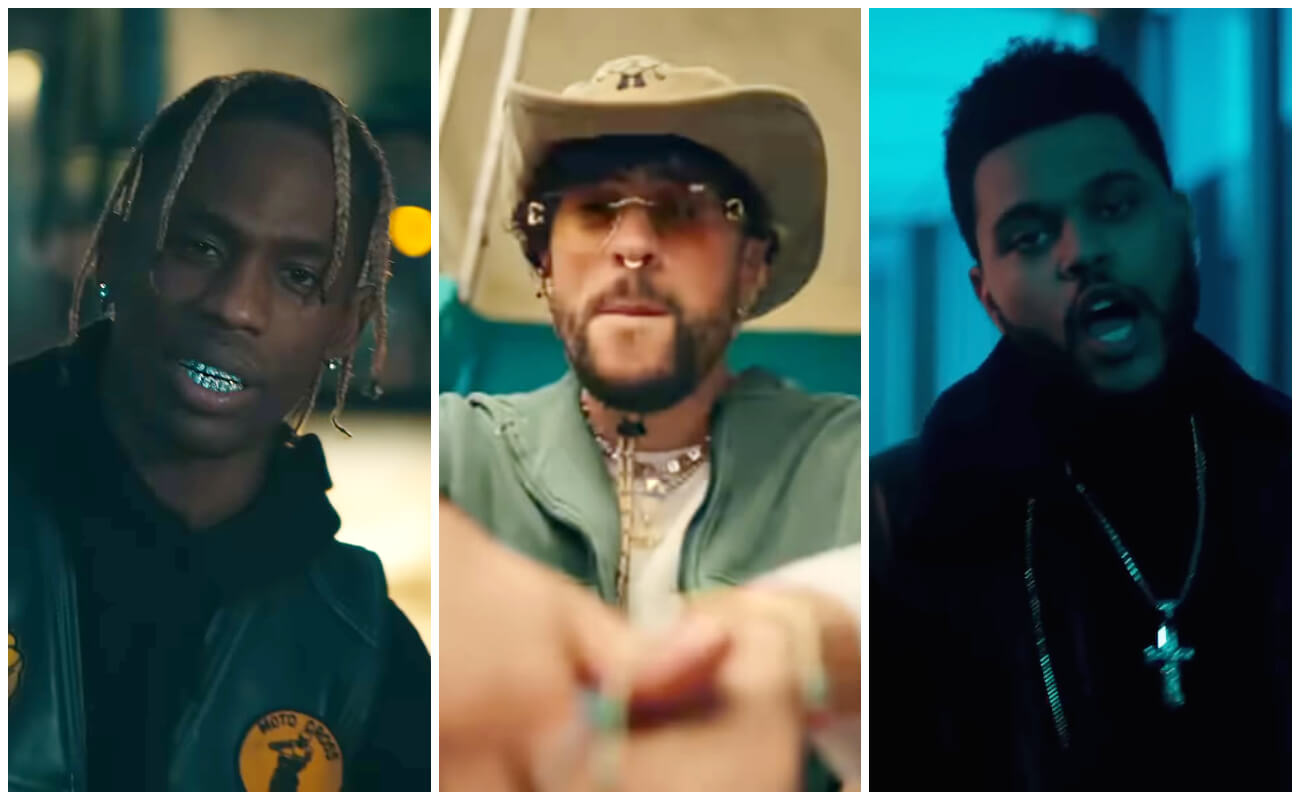 Travis Scott, Bad Bunny, The Weeknd. (Captura de pantalla YouTube: Travis Scott/ Bad Bunny/ The Weeknd)