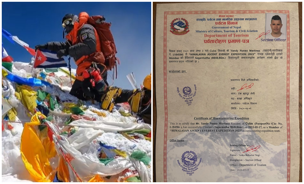 Yandy Núñez recibe certificado oficial por escalar el Everest. (Captura de pantalla: the_cuban_mountaineer-Instagram y foto: Yandy Nunez Martinez-Facebook)