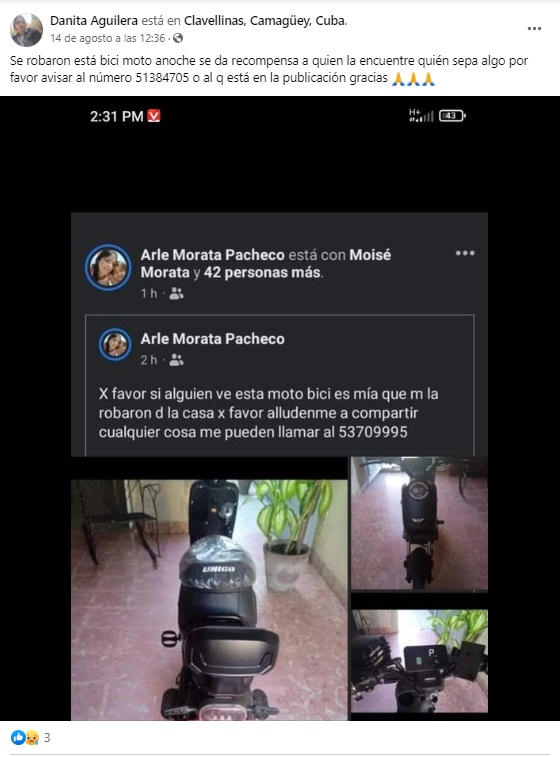 Cubana ofrece recompensa por información sobre una moto robada en Camagüey