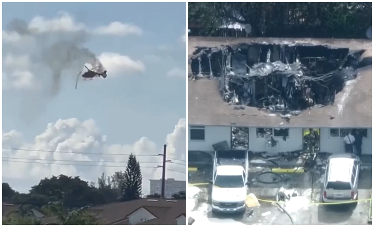 Helicóptero se estrella en apartamento de Florida. (Captura de pantalla: breakingryan1-Twitter y WPLG Local 10-YouTube)