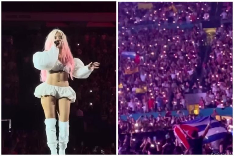 Banderas cubanas dominan el estadio durante el concierto de Karol G en Miami