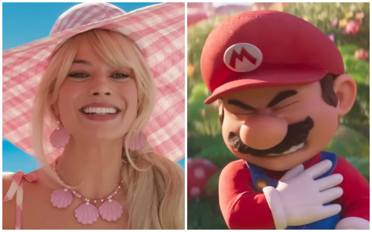 Margot Robbie como Barbie y Mario Bros. (Captura de pantalla YouTube: Warner Bros. Studios/ Universal Illumination Studios)