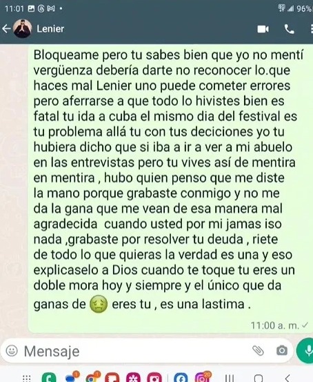 Mensaje de Lenier a La Diosa. (Captura de pantalla. Instagram)