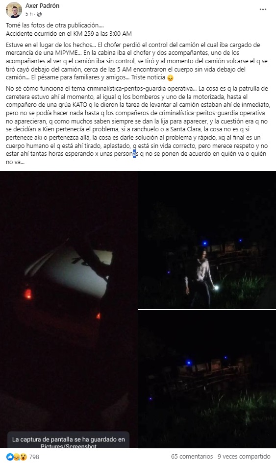 Villa Clara cubano salta de camión fuera de control y termina aplastado por este. (Captura de pantalla: Axer Padrón-Facebook)