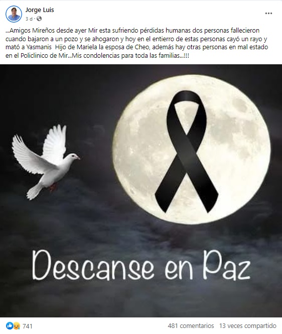 Holguín: dos personas mueren ahogas en un pozo y un rayo mata a una tercera en el funeral