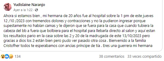 La tía del recién nacido denunció lo que ocurrió en redes sociales. (captura de pantalla: Yudislaine Naranjo-Facebook)