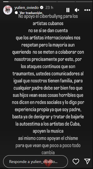 Estado de Yulien Oviedo. (Instagram)