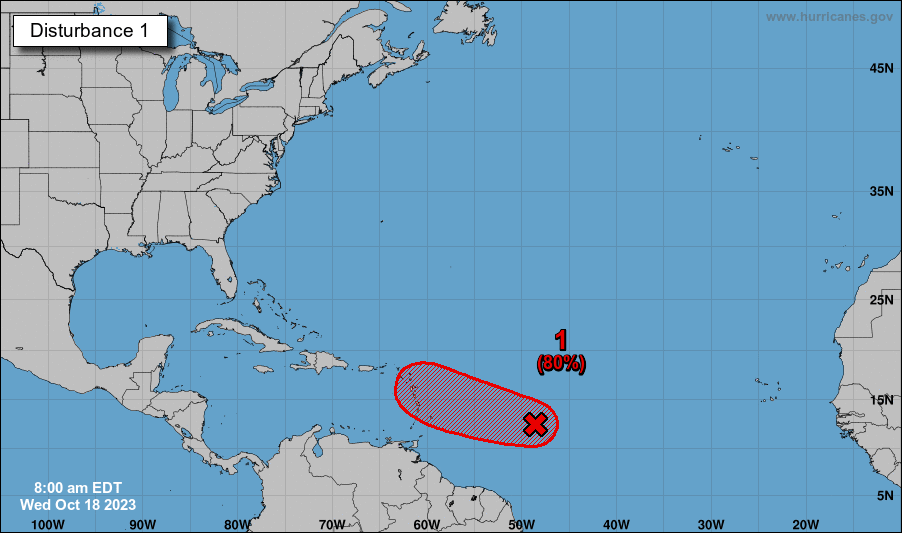 Una posible depresión tropical se podría formar este fin de semana en el Atlántico. (Imagen: National Hurricane Center-Twitter)
